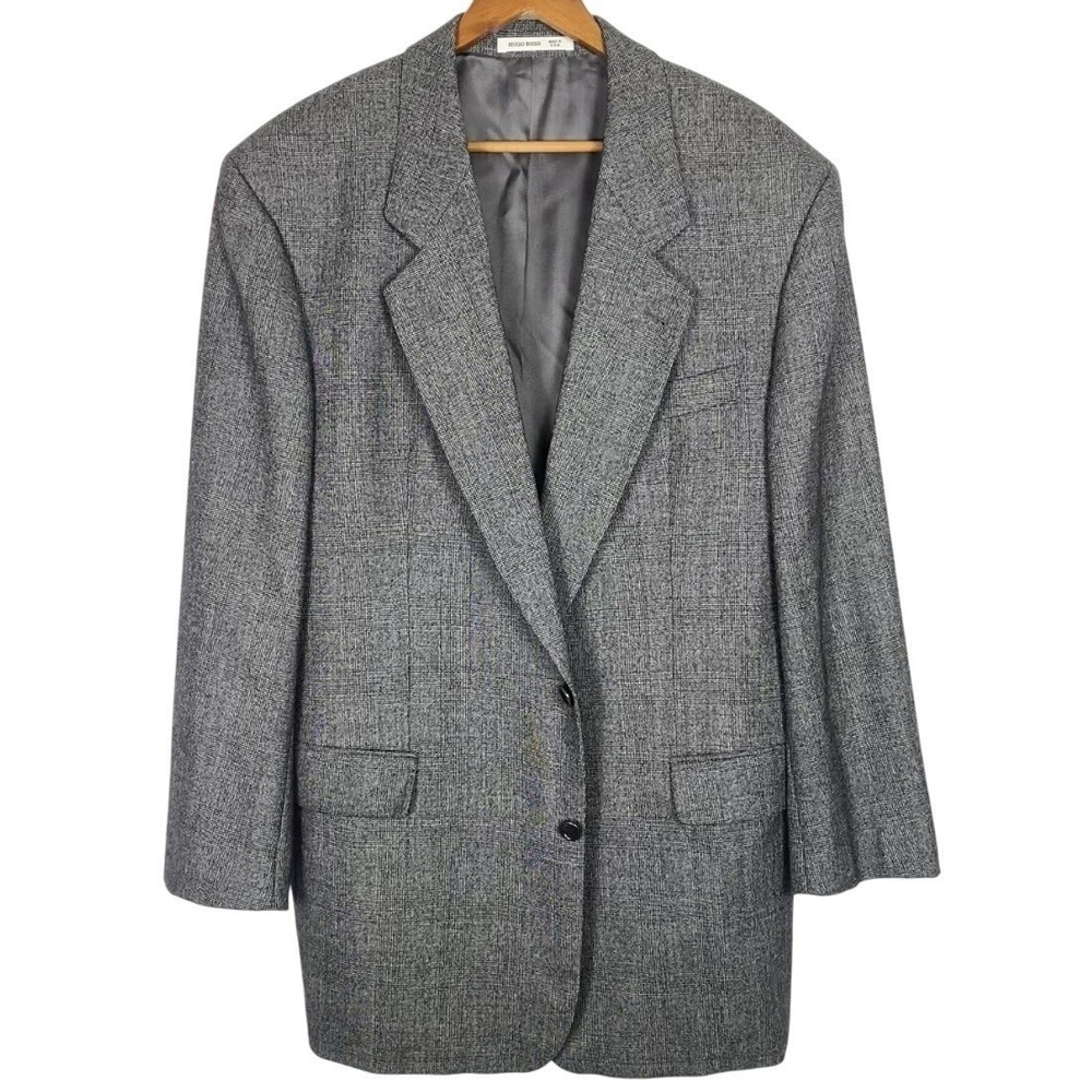 Hugo Boss 44L Long Blazer Gray Check Sport Coat Designer 100% Wool Suit Jacket